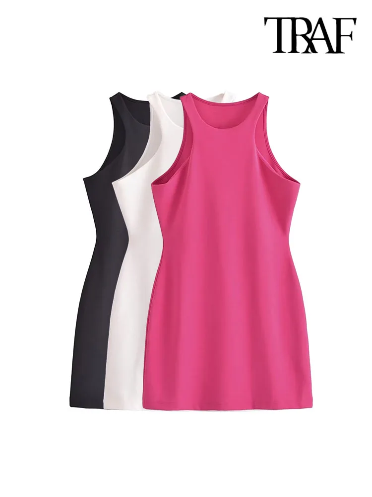 

TRAF Women Fashion Solid Fitted Knit Mini Dress Vintage Halter Neck Sleeveless Female Dresses Vestidos Mujer