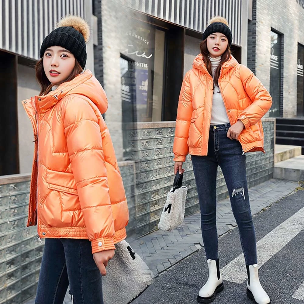 2022 Short Style Cotton Padded Winter Jacket Women Casual Stand Collar Parkas Winter Coats Female Fashion Shiny Outwear