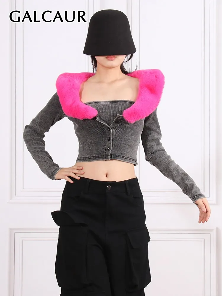 

GALCAUR Colorblock Two Piece Sets For Women Strapless Sleeveless Vest Lapel Long Sleeve Spliced Raw Hem Coat Slimming Set Female