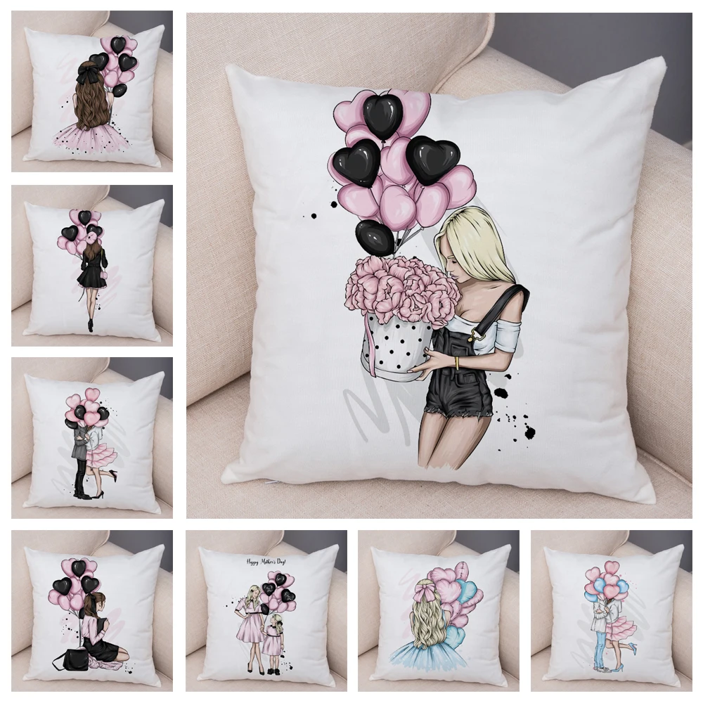 

Soft Plush Cushion Cover Cute Cartoon Girl Print Pillowcase Decor Pink Balloon I Love You Pillow Case for Sofa Home45X45cm