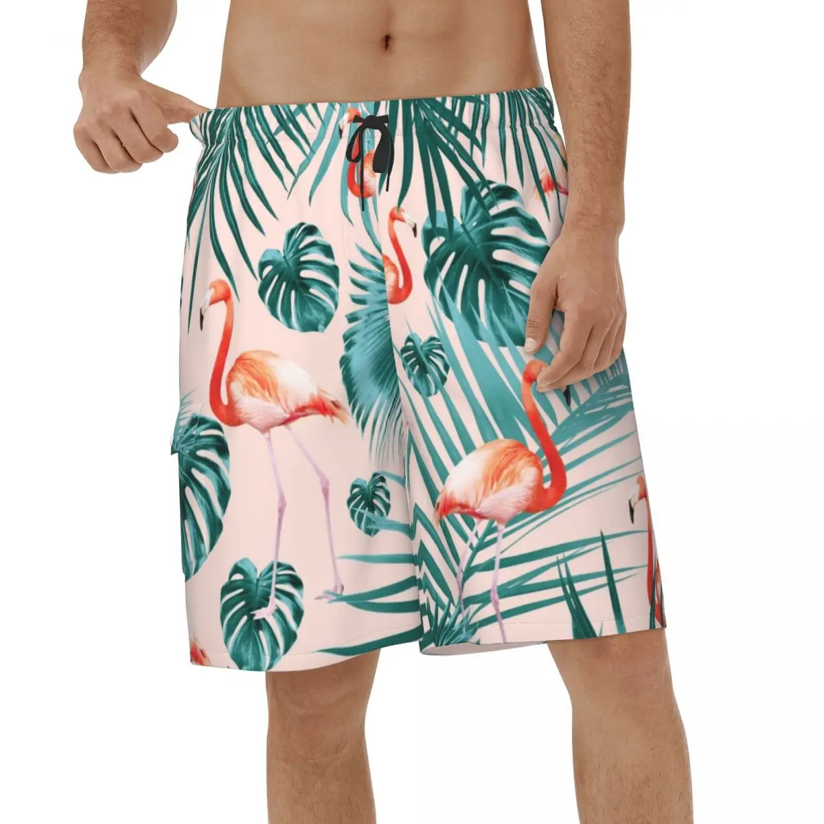 

Tropical Flamingo Pattern Beach Shorts Men Summer Casual Pink Bird Swimsuits Breathable Running Vacation Male Board Shorts