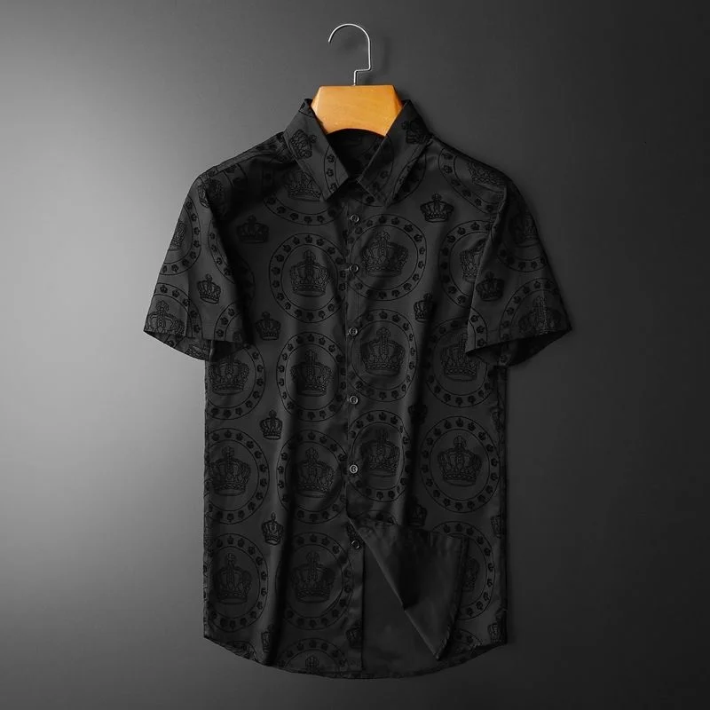 

Black Luxury Crown Flocking Short Sleeve Shirt Men Summer Top Shirts Business Formal Dress Camisa Social Masculina Flower Shirt