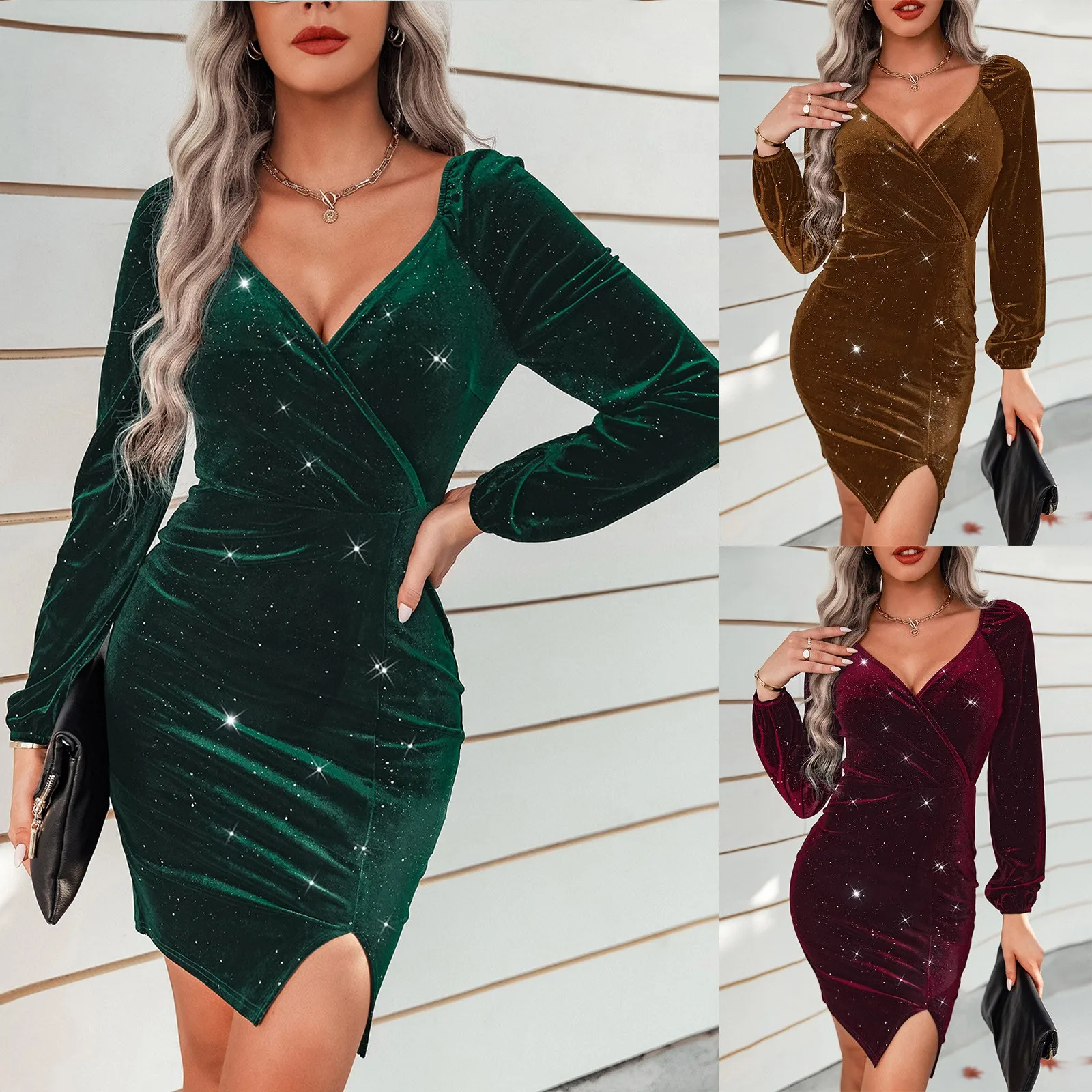

Сексуальное женское платье, бархатное вечернее Клубное платье с разрезом, облегающие Женские платья с длинным рукавом, черные, красные, зел...