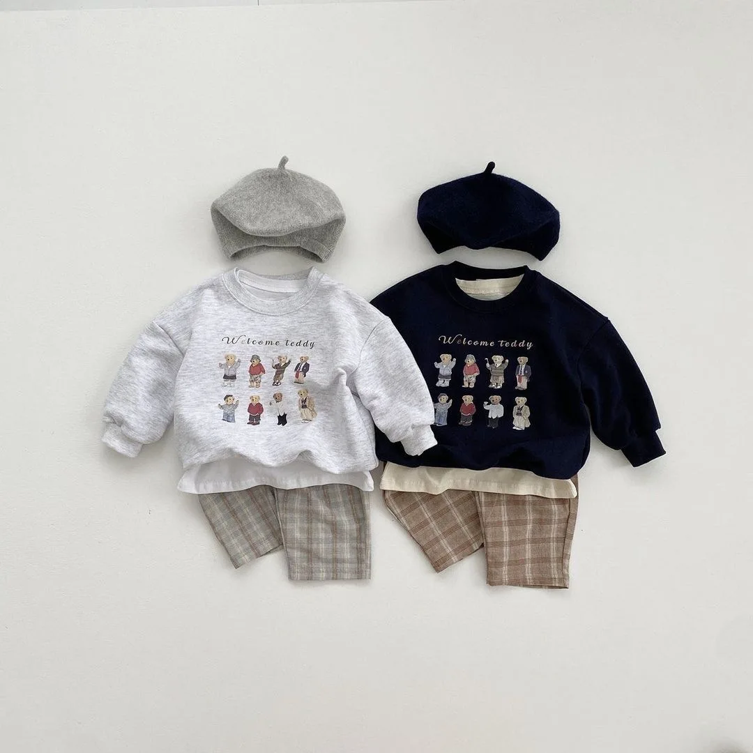 2022 Autumn New Children Cartoon Print Long Sleeve T-shirt Kids Girl Cute Bear Tops Boy Baby Letter Cotton Tees Toddler Clothing