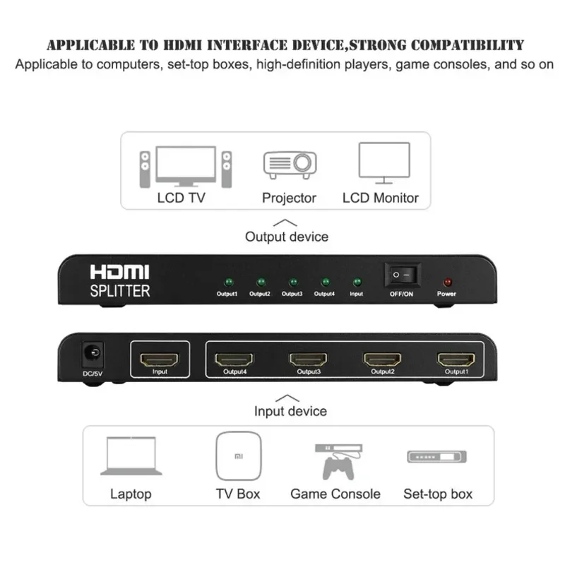 Фото HDMI-сплиттер 4K 1x4: распределитель видео HDMI, конвертер 1 вход на 4 выхода, дублирование изображения на 4 экрана для ПК, PS3/4, HDTV, проектора №4