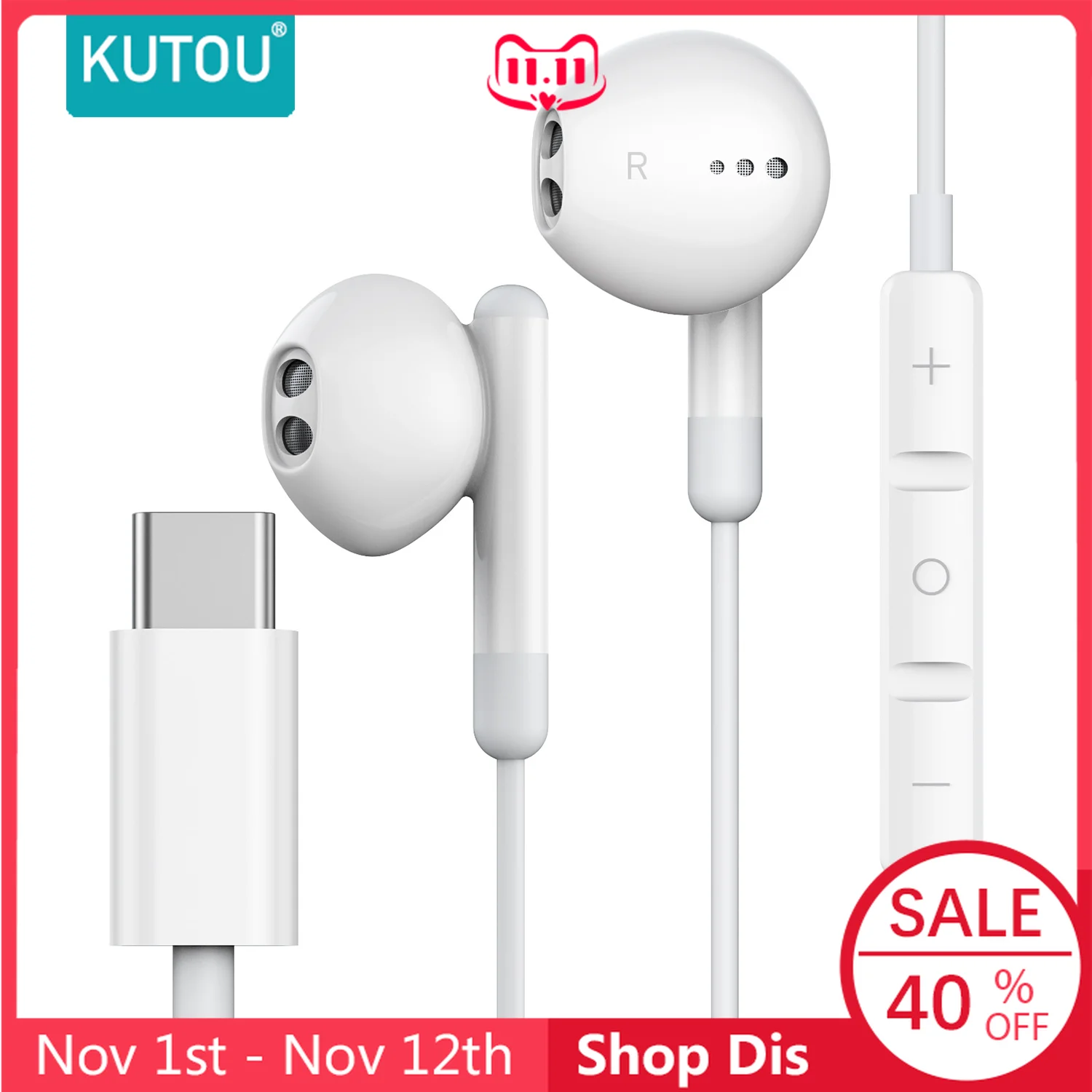 

KUTOU Type-C Wired Earphones For Xiaomi Huawei OnePlus Headphone With Mic Earbuds Headset Stereo Noise Isolating