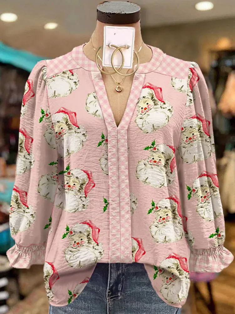 Рождественская футболка с v-образным вырезом и принтом в клетку Санта-Клауса