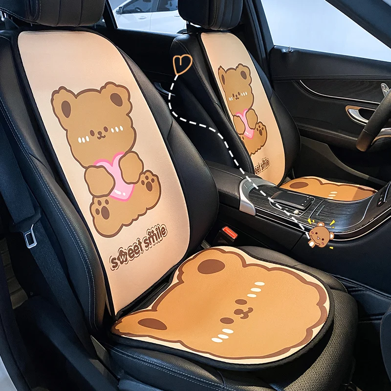 

2022 Cartoon Cute Love Bear Four Seasons Universal Summer Cool Cotton Flax Car Backrest Cushion Car Seat Cushion Cover