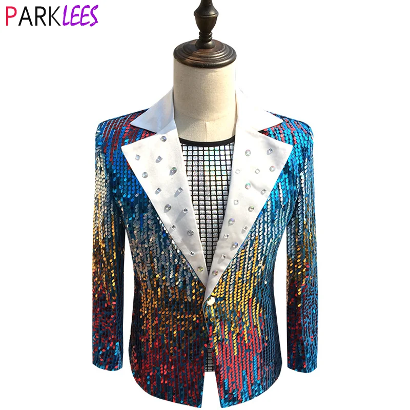 Shiny Blue Sequin Extra Long Blazer Jacket Men Shawl Collar Glitter Blazers Mens Club Party Prom Singer Rock and Roll Costumes