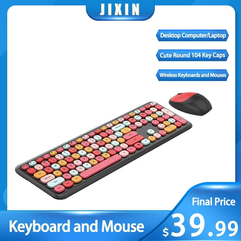 

Cute Round 104 Key Caps Keyboards and Mouses Set Combo Colorful 1600DPI 2.4 GHz Optical Gaming Mouse for Laptop Desktop Computer