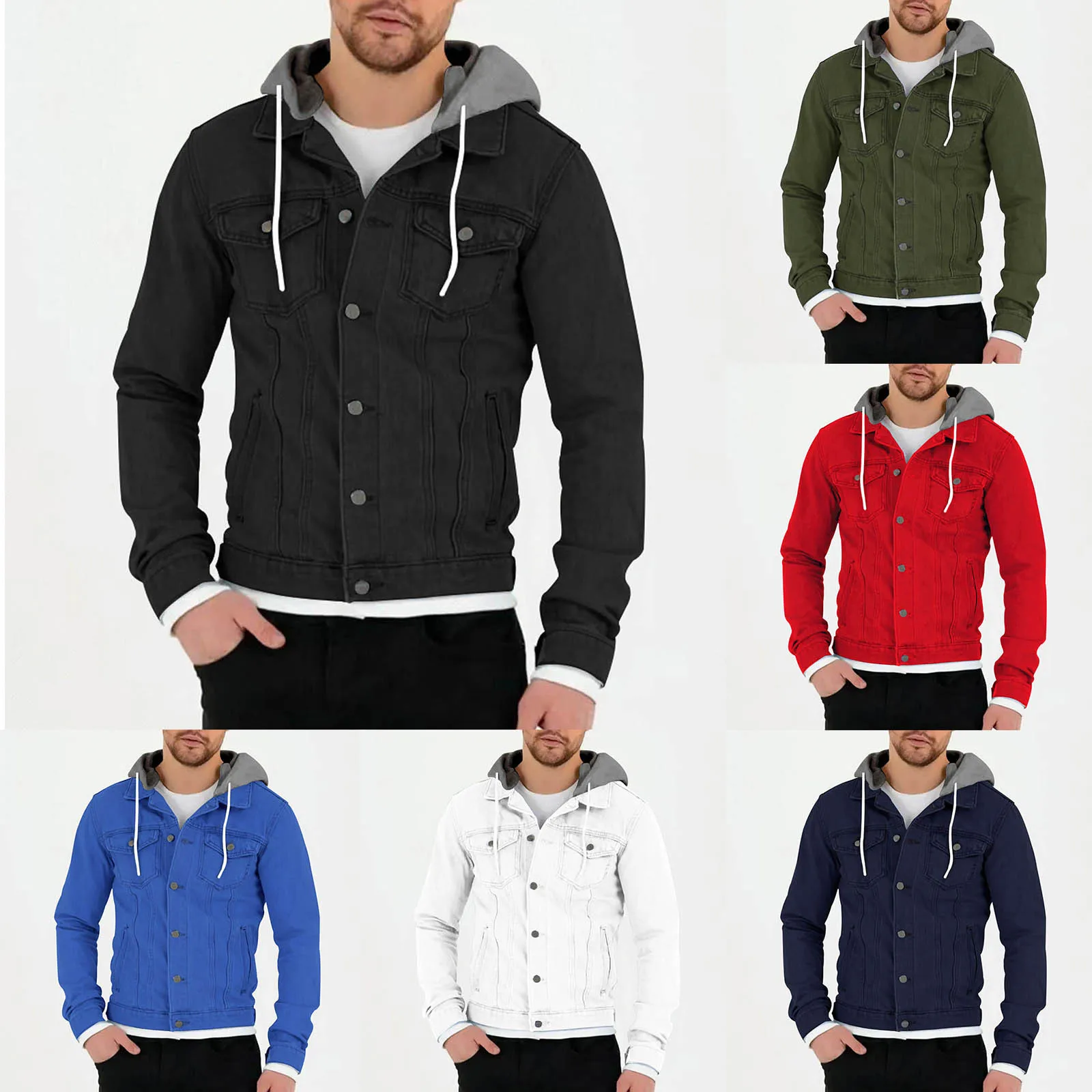

Куртка мужская джинсовая с капюшоном, Приталенный свитшот с длинным рукавом, на пуговицах, с карманами, в Корейском стиле, уличная одежда в стиле Харадзюку