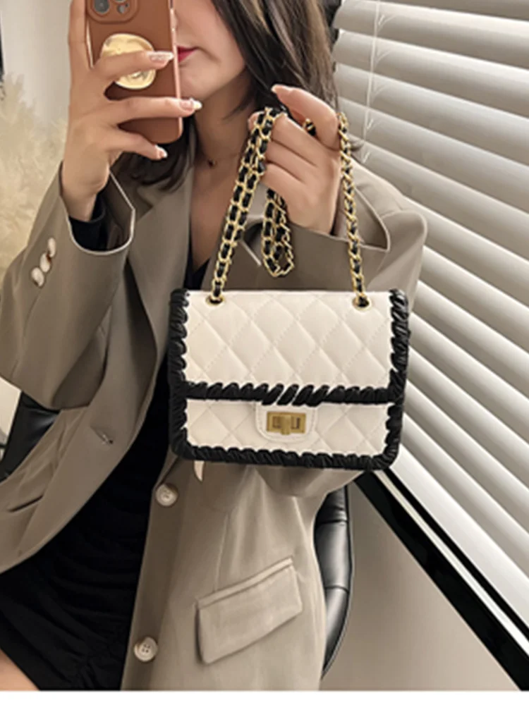 

AGG Black White Patchwork Chic Chain Women SHoulder Bag Square bag Quality PU Leather Women's Designer Handbag rhomb Pattern