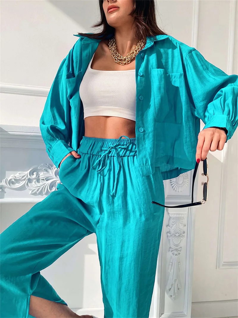 

2023 Summer Women Pants Set Solid Outfits Elegant Fashion High Waist Loose Fit Shirt and Slit Pant 2 Two Piece Set For Women