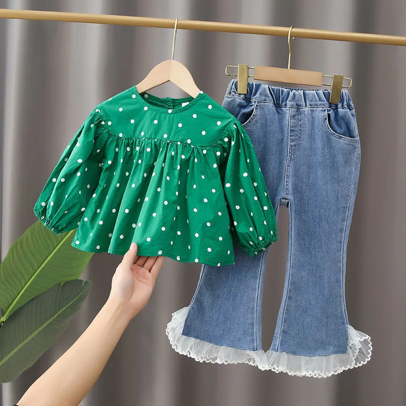 Summer Little Girls Children Clothing Set Green Dot Two 2 Piece Set Sleeveless Top+pants Denim Jeans Lace Baby Clothes Shirt New