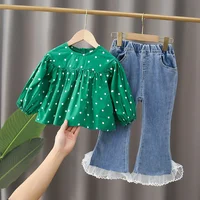 Summer Little Girls Children Clothing Set Green Dot Two 2 Piece Set Sleeveless Top+pants Denim Jeans Lace Baby Clothes Shirt New
