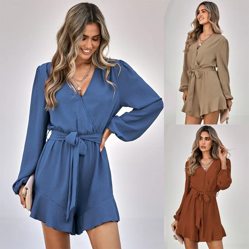 New Fashion Women's Solid Color Long Sleeve Mid Waist Lace Up Ruffle Edge Casual Jumpsuit