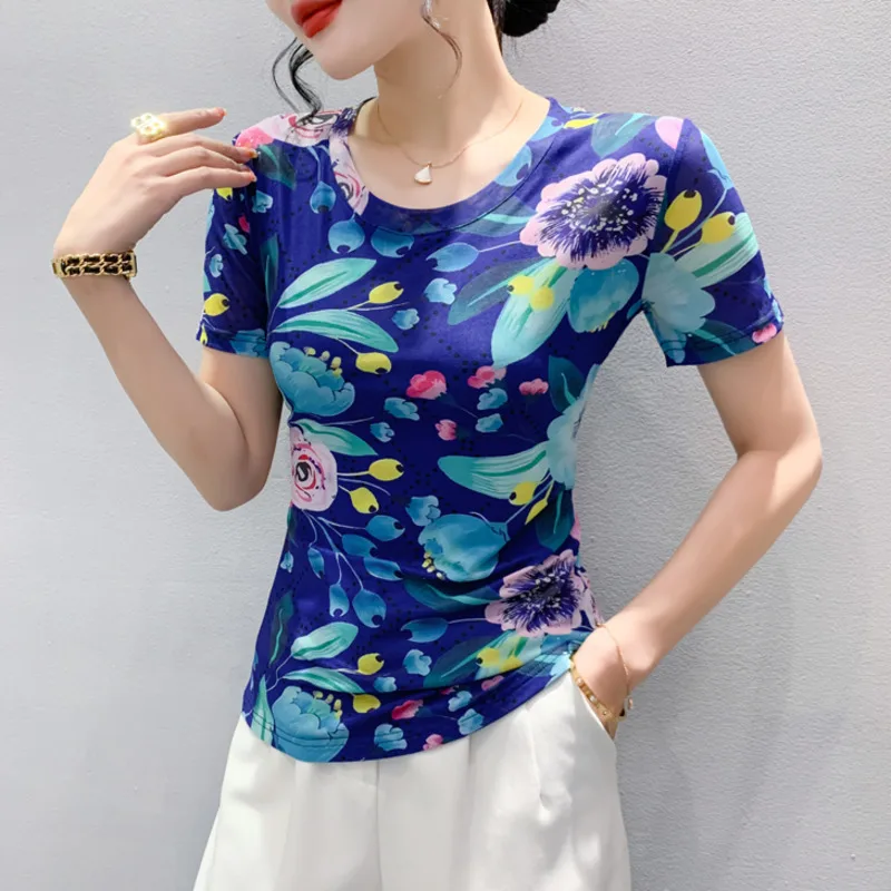 # 5436 летняя сетчатая футболка с цветочным принтом женские винтажные футболки
