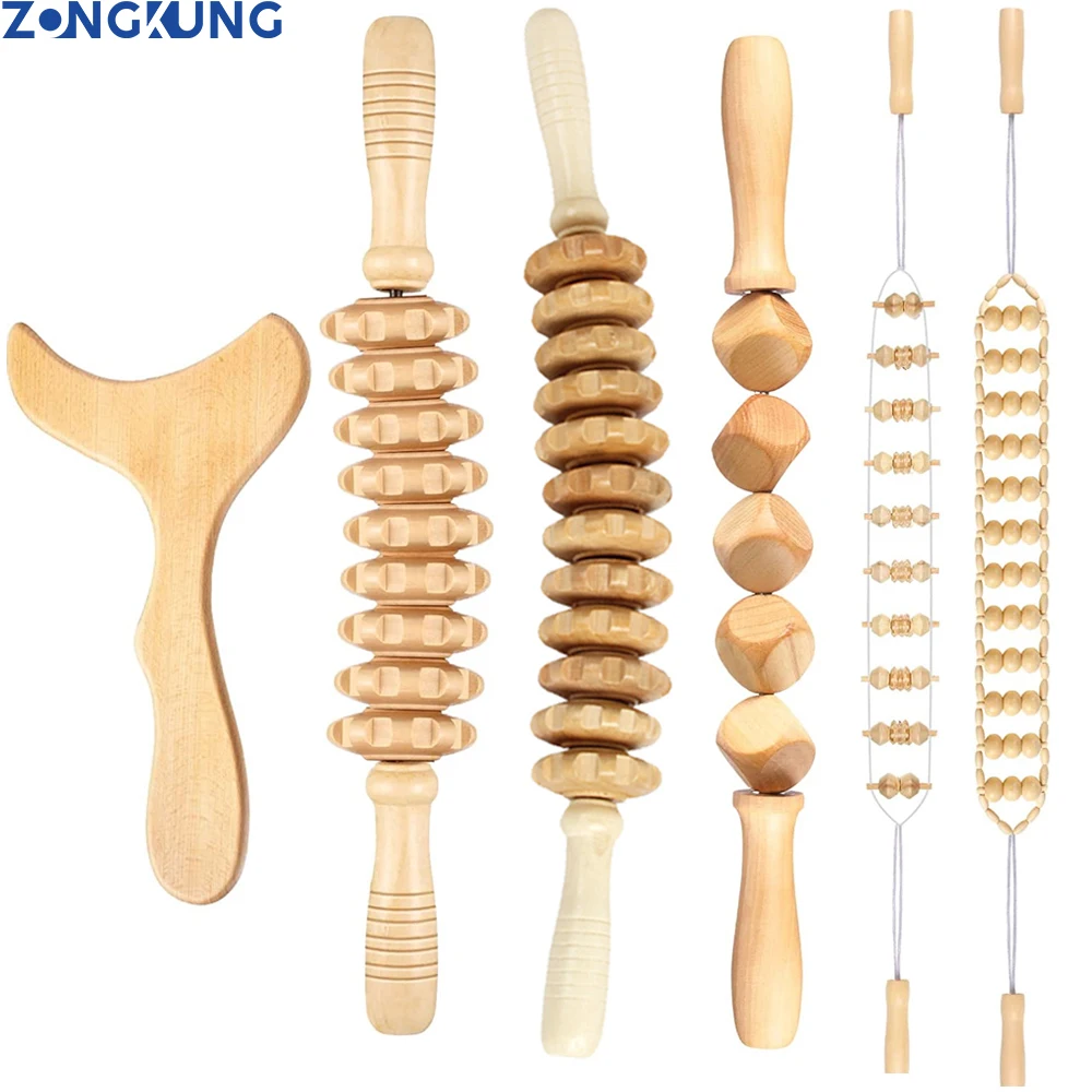 

ZONGKUNG Wooden GuaSha Tools Wood Massager Roller Rope Wood Therapy Massage Tools Maderoterapia Kit Lymphatic Drainage Massager