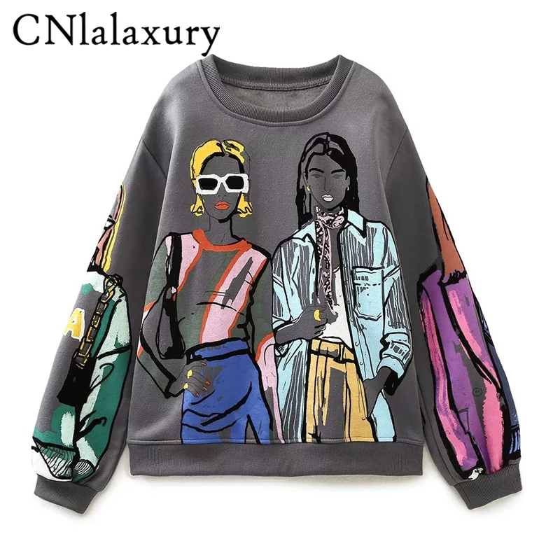 

CNlalaxury Autumn Winter Woman Coal Gray Round Neck Printed Sweatshirt Casual Long Sleeve Fashion Pullover Sudaderas Female