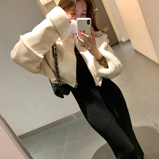 

Мотоциклетная куртка корейские замшевые Женская модная винтажная комбинированная дизайнерская Короткая Меховая куртка с воротником-стойкой