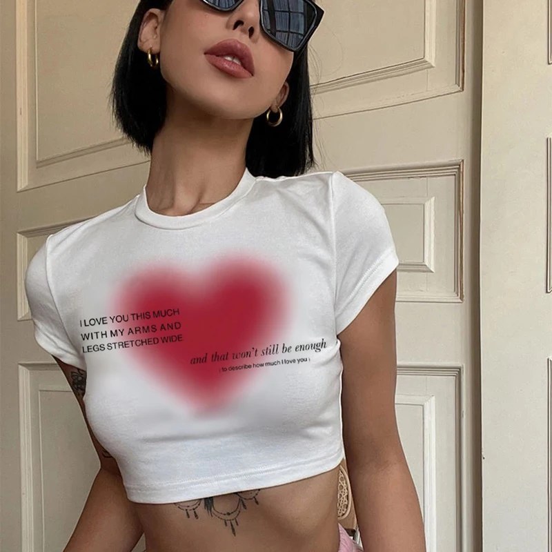 

Женский винтажный укороченный топ в стиле гранж, летняя футболка с принтом сердца в эстетическом стиле 90-х