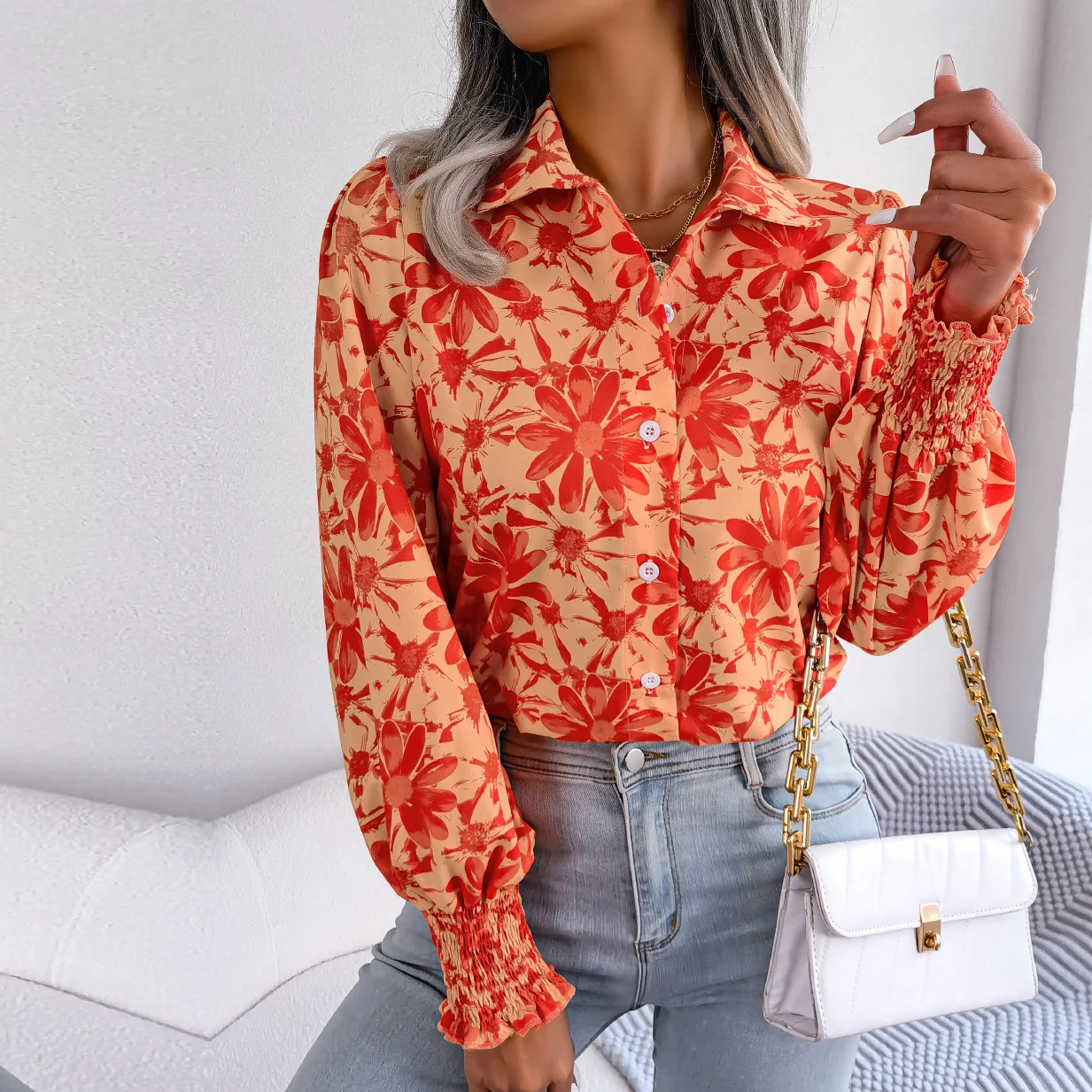 

2023 New Women Spring Summer Casual Lantern Sleeve Contrast Flower Polo Shirt Blouses For Ladies All Match Tops