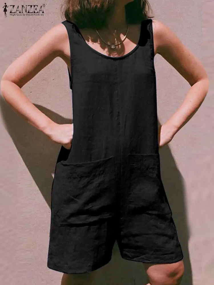 

Комбинезон ZANZEA женский короткий с круглым вырезом, праздничный однотонный Ромпер оверсайз с большими карманами, без рукавов, лето 2023
