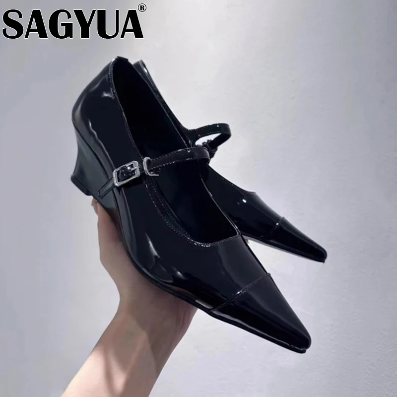 Сексуальная женская обувь на танкетке с острым носком кожаные сандалии высоком