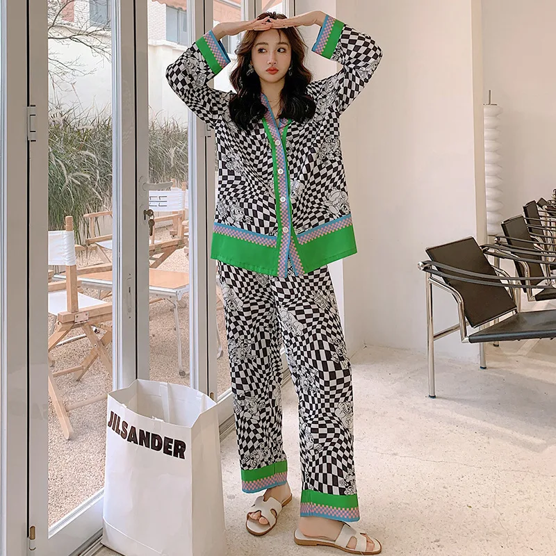 Luxury Women Pajamas 2PCS Set V NECK Plaid Print Sleepwear Silk Home Clothing Large Nightwear For Spring Summer