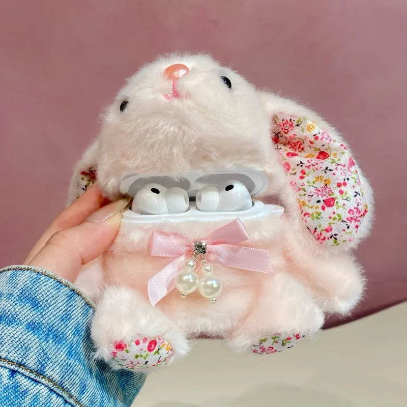 Фото Милый 3D-чехол в виде пушистого кролика для Airpods 4 3 2 1 Pro 2 Pro 3, мягкий плюшевый чехол с цветочными ушками и жемчужным бантом, ударопрочный, кавайный подарок №3
