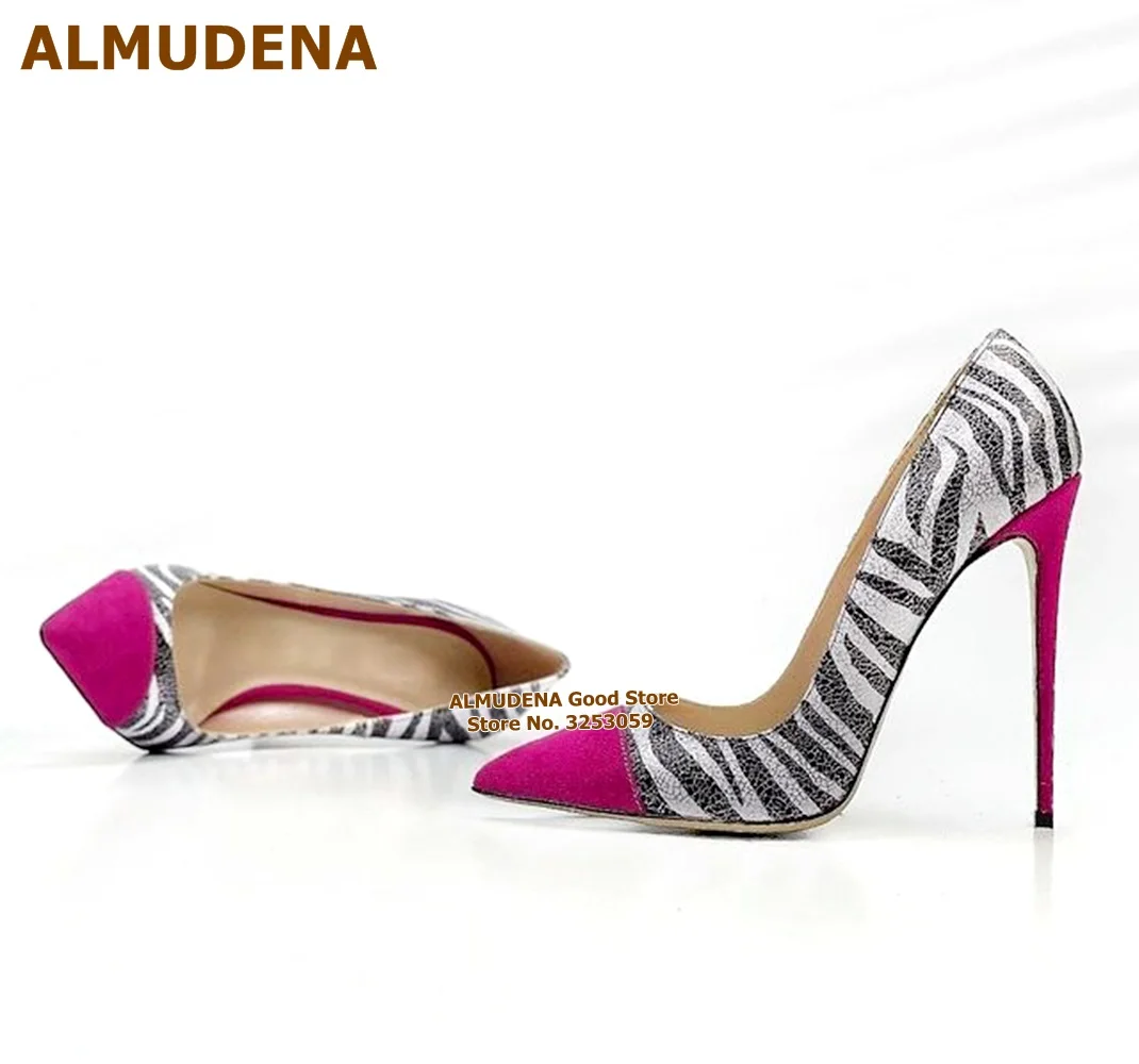 ALMUDENA Pink Thin High Heel Wedding Shoes White/black Zebra Striped Shallow Dress Pumps Color Patchwork Pointed Toe Footwear