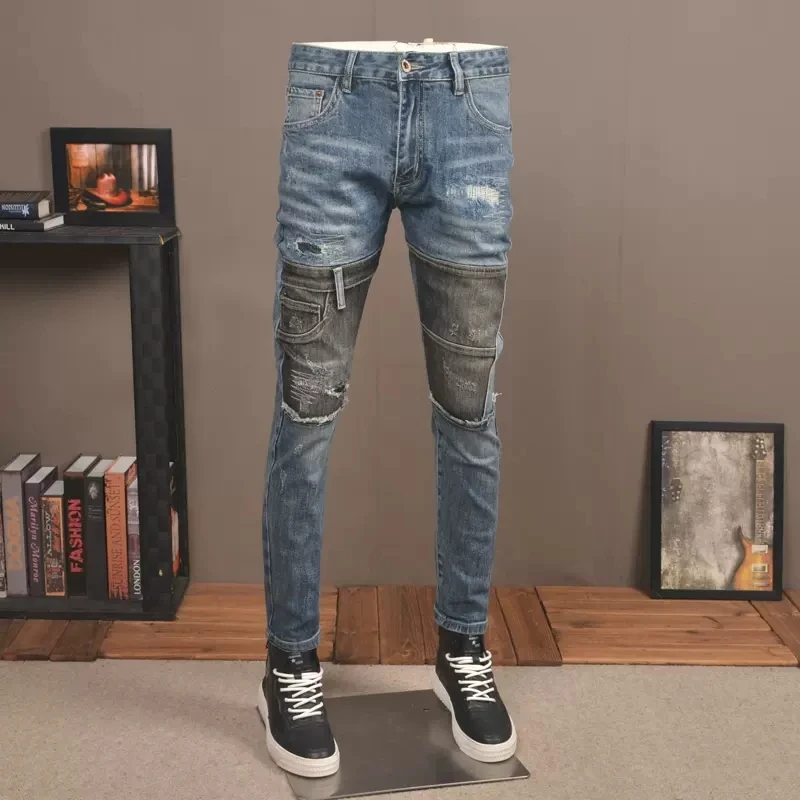 Men Blue Ripped Patchwork Jeans Autumn Streetwear Slim Fit Pencil Pants Fashion Casual Black Patch Denim Trousers CP2026