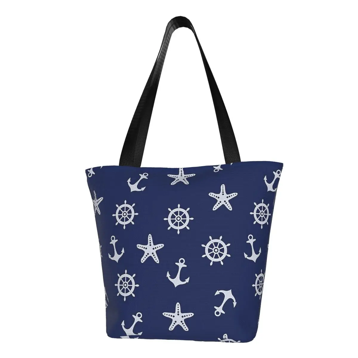 Navy Blue Nautical Anchor Pattern Polyester outdoor girl handbag, woman shopping bag, shoulder bag, canvas bag, gift bag