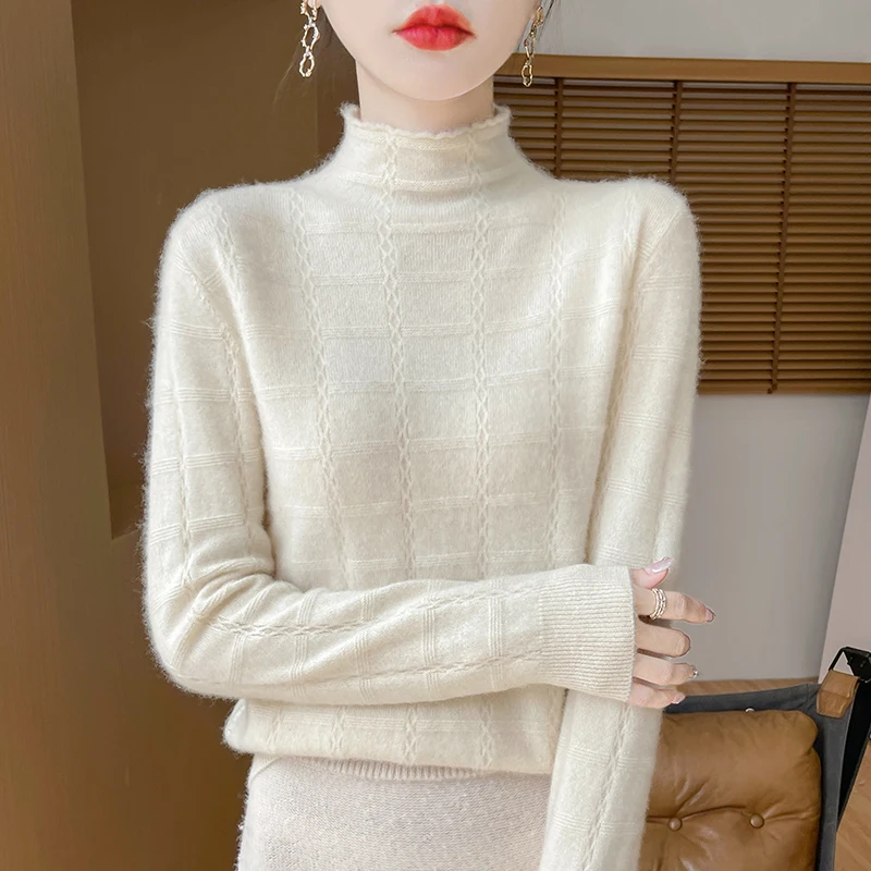 Осень/зима однотонный свитер из 100% шерсти с высоким воротником женский тонкий и