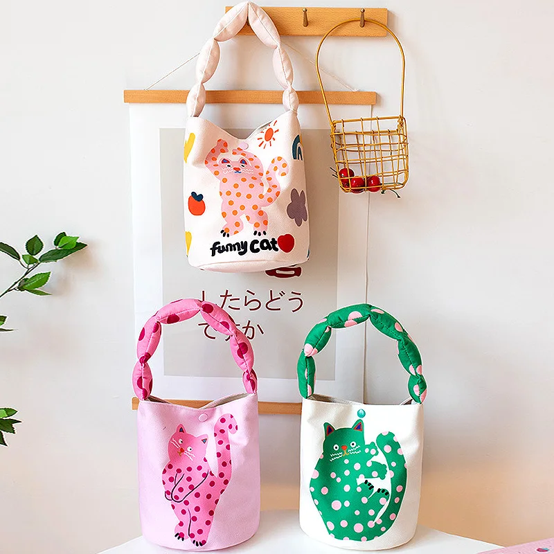 

Women Casual Little Canvas Lunch Box Cartoon Print Bucket Bag Handbags Small Bags Soft Totes Fashion Cute High Capacity