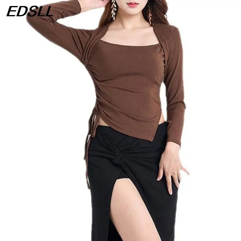 

Тренировочная одежда для танца живота, топ с поясом на талии, новая одежда для упражнений из модала с длинными рукавами для женщин, зимние топы для танца с длинными рукавами