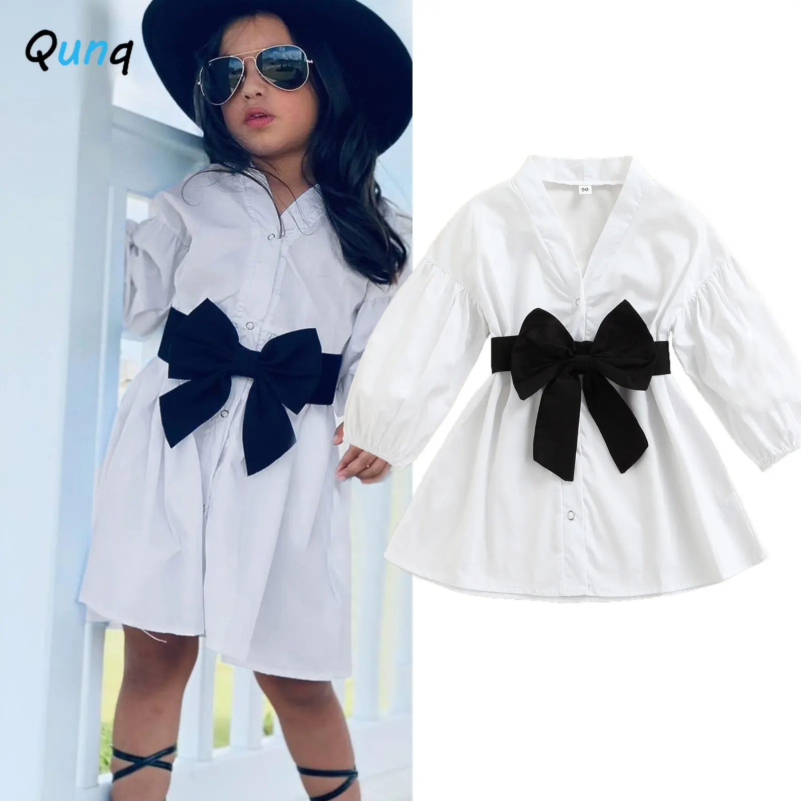 

Qunq Girls Dress Long Sleeve Spring Summer Kids Clothes for Black Bow Fashion Baby Toddler Children Elegant Costume Age 3T-8T