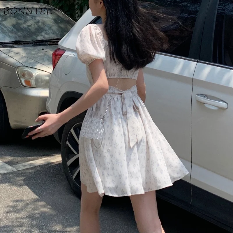 

Korean Style Women Dress Sweet Girl Puff Sleeve Holiday Sundress Hollow Out Floral Design College Lovely Casual Trendy Summer