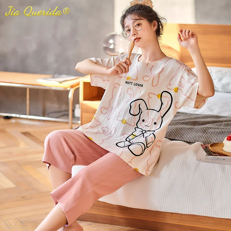 

Новые летние пижамы для женщин шорты Kawaii мультфильм кролик печать симпатичная ночная рубашка мягкая хлопковая Пижама для отдыха женские пи...