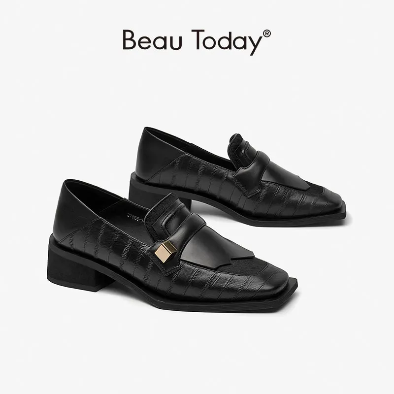 

BeauToday Leather Loafers Women Square Toe Hoof Heels Wingtip Slip On Metal Decoration Casual Spring Autumn Female Shoes 27686