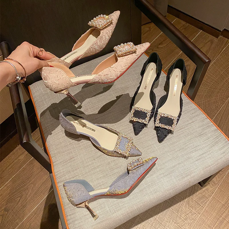 High Heeled Shoes Lady Spring and Summer 2022 New Pearl Square Buckle Sexy Hollow Fairy Trend Single Shoes