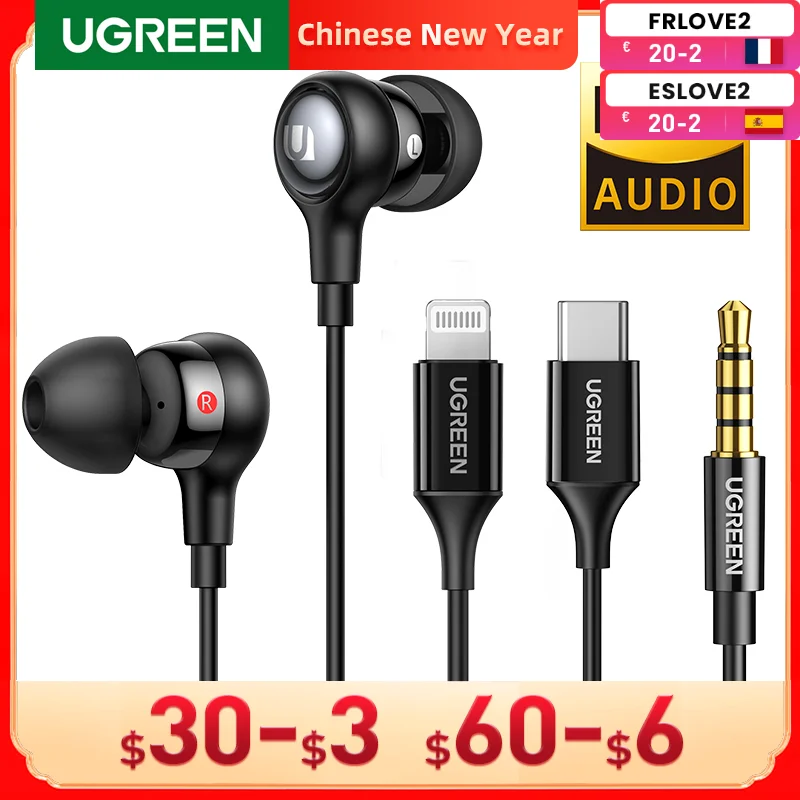UGREEN Wired Earphone With Microphone In Ear 3.5mm Noise Cancelling USB Type C Lightning Earphones For iPhone Xiaomi Headphones