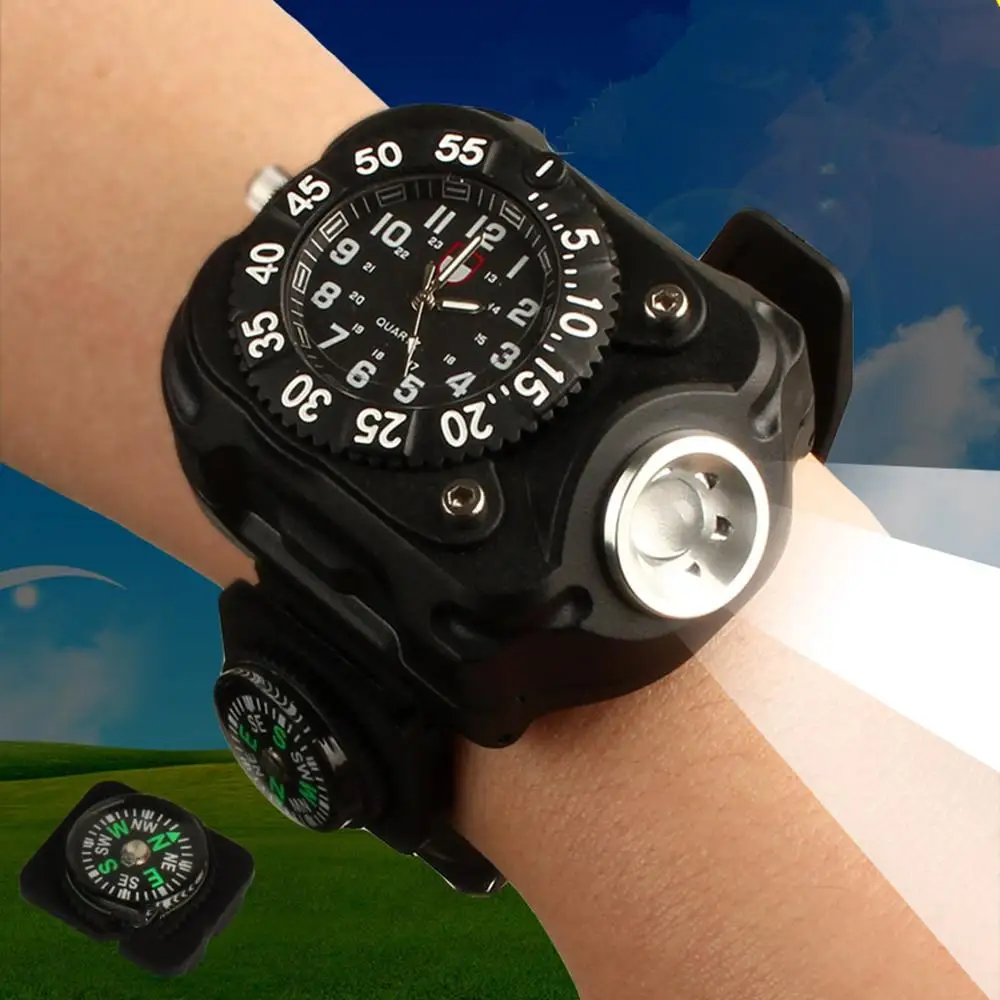 

3in1 Super Bright LED Watch Flashlight Torch lights Compass, Rechargeable Mens Wrist Watch, Waterproof Wristband Lamp