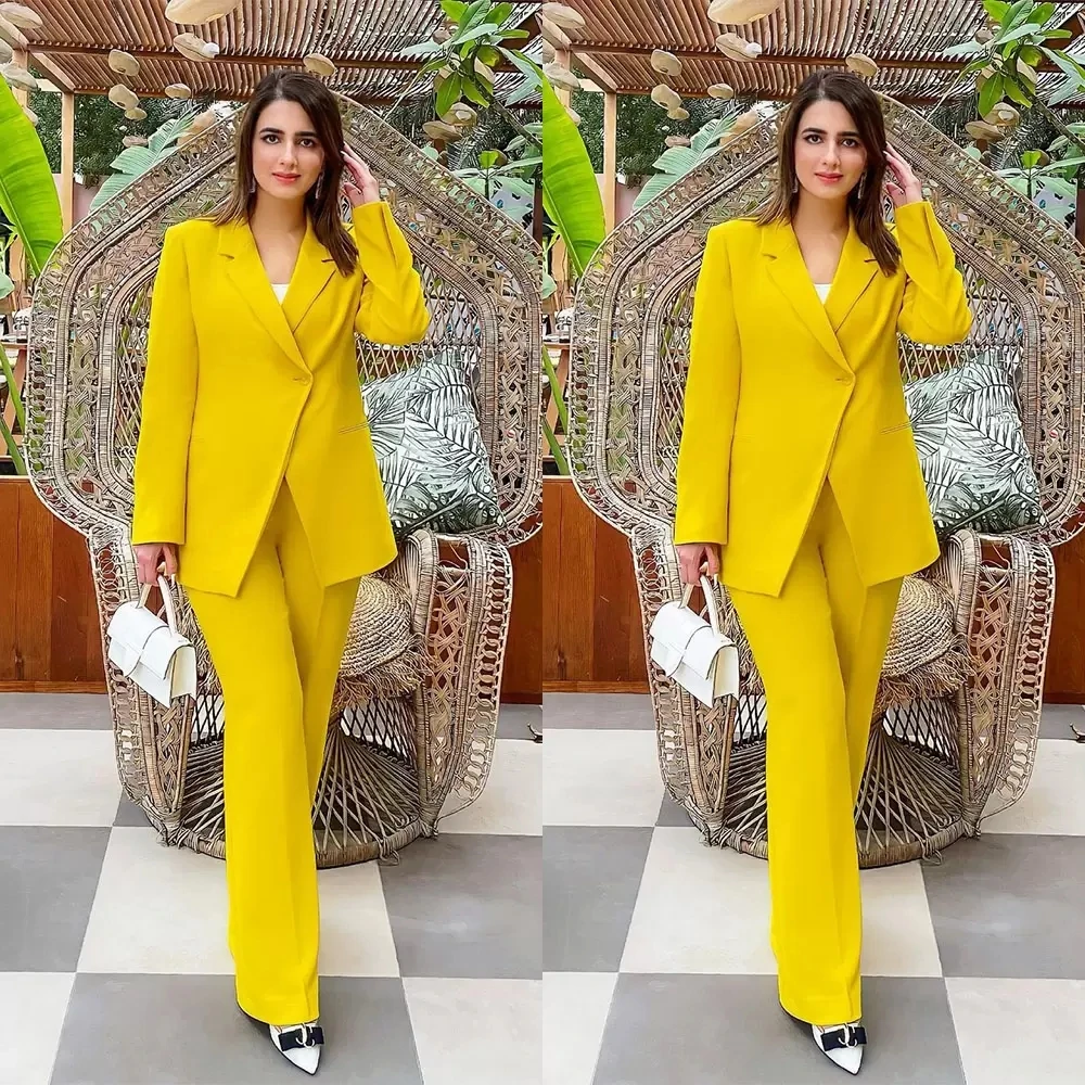 Fashion Yellow Women's Blazer Suit Power Casual Loose Party Robe Suit Wedding Dress 2 Pieces