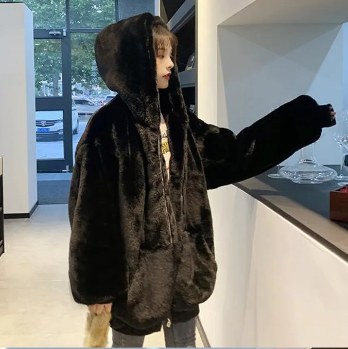 Korean version of the loose plush coat female winter real rex rabbit fur grass mid-length 2021 new thick hooded coat enlarge