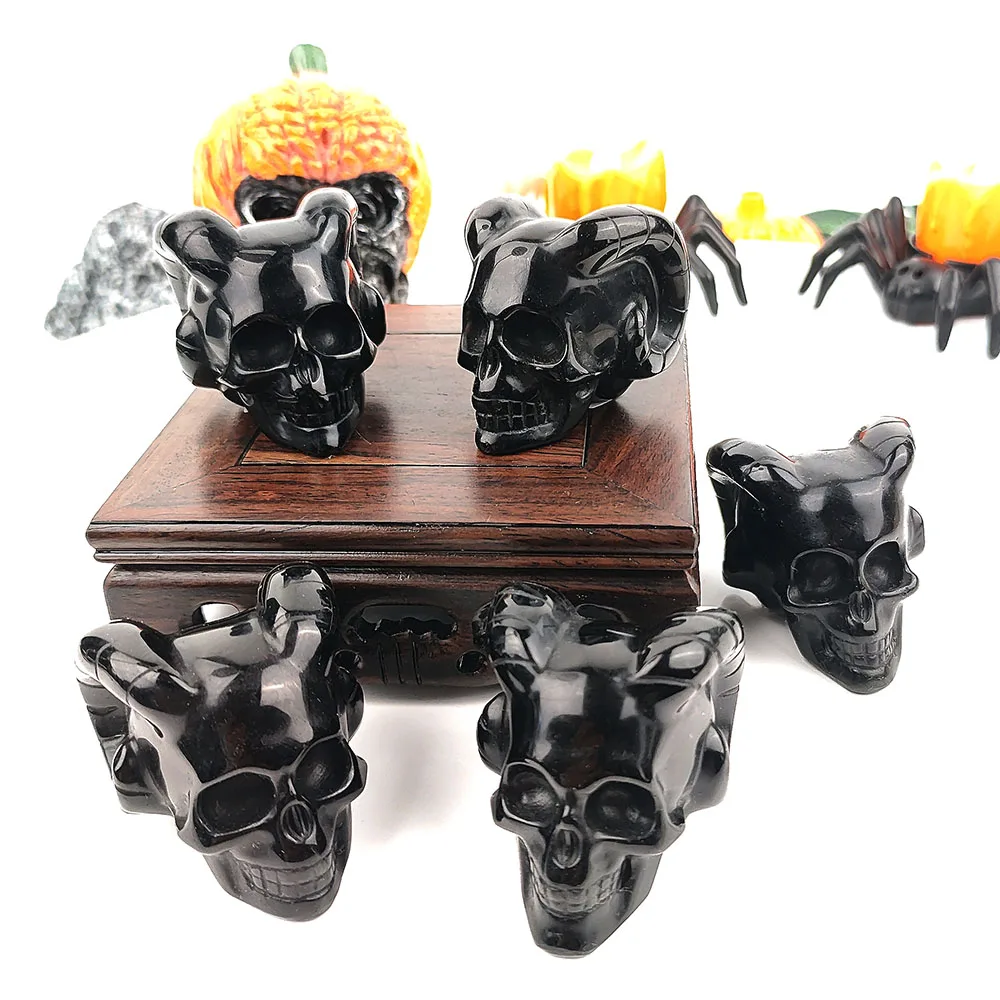 1 шт. черный обсидиан овчина рог Череп ручная резная скульптура натуральная