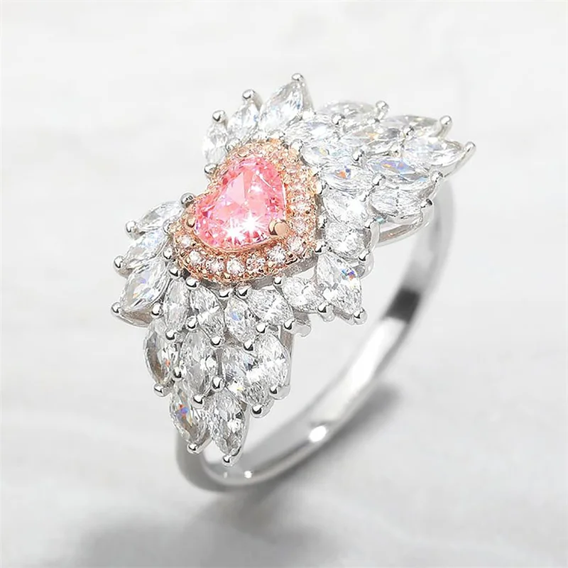 

Europe and America's New Love Opening Ring Inlaid with Diamond Zircon Heart-shaped Pink Diamond Ring Simple Fashion Jewelry