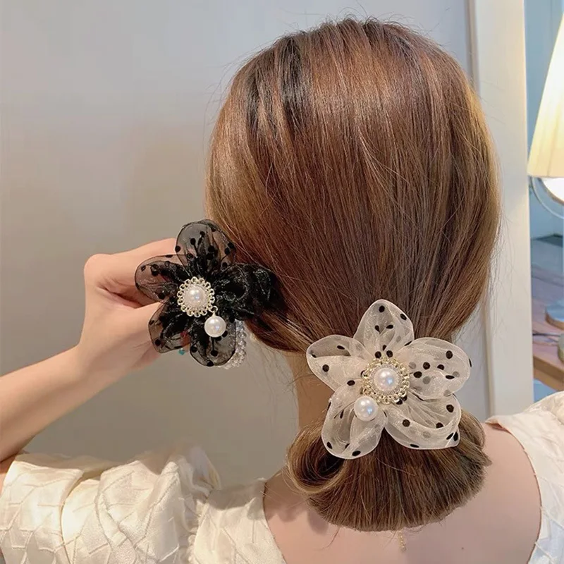 

1Pcs Girls Hair Accessories Adult Bracelet Tie Hair Dual-purpose Hair Ring Polka-dot Organza Luxury Pearl Flower Rope Women