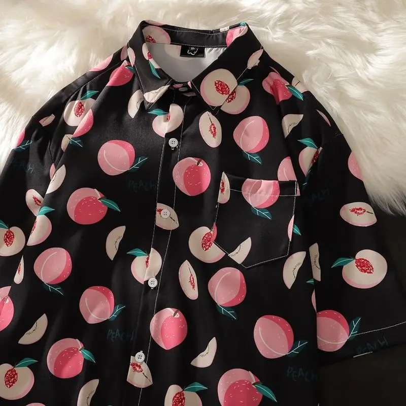 

Sweet Peach Full Print Hawaiian Casual Shirts Women Men Short Sleeve Beach Button Up Shirt Vacation Summer Plus Size Fashion Top