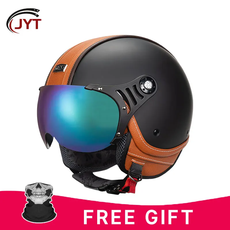 Мотоциклетный шлем Cafe Racer в стиле ретро 3/4 с открытым лицом и регулируемыми очками